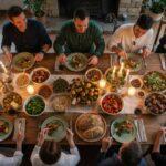 Dîner convivial à domicile avec plats gastronomiques et produits de saison partagés entre convives